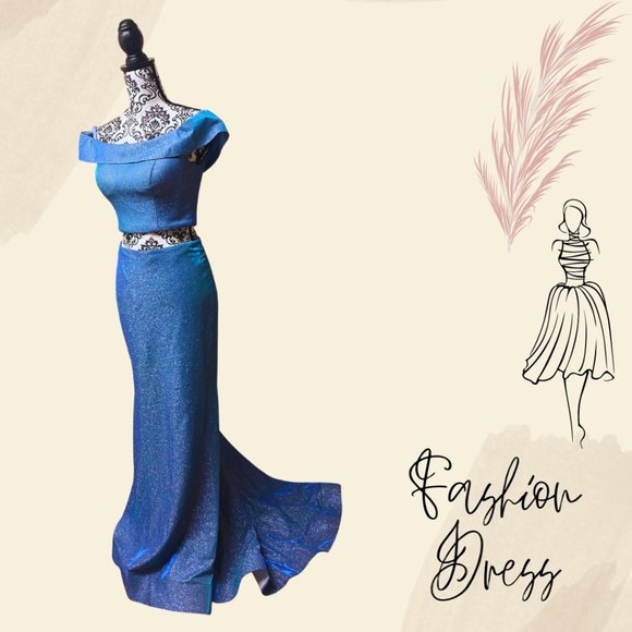 Blue Shimmer Off the Shoulder Crop Top Long Skirt - Size 4 - Picture 2 of 7